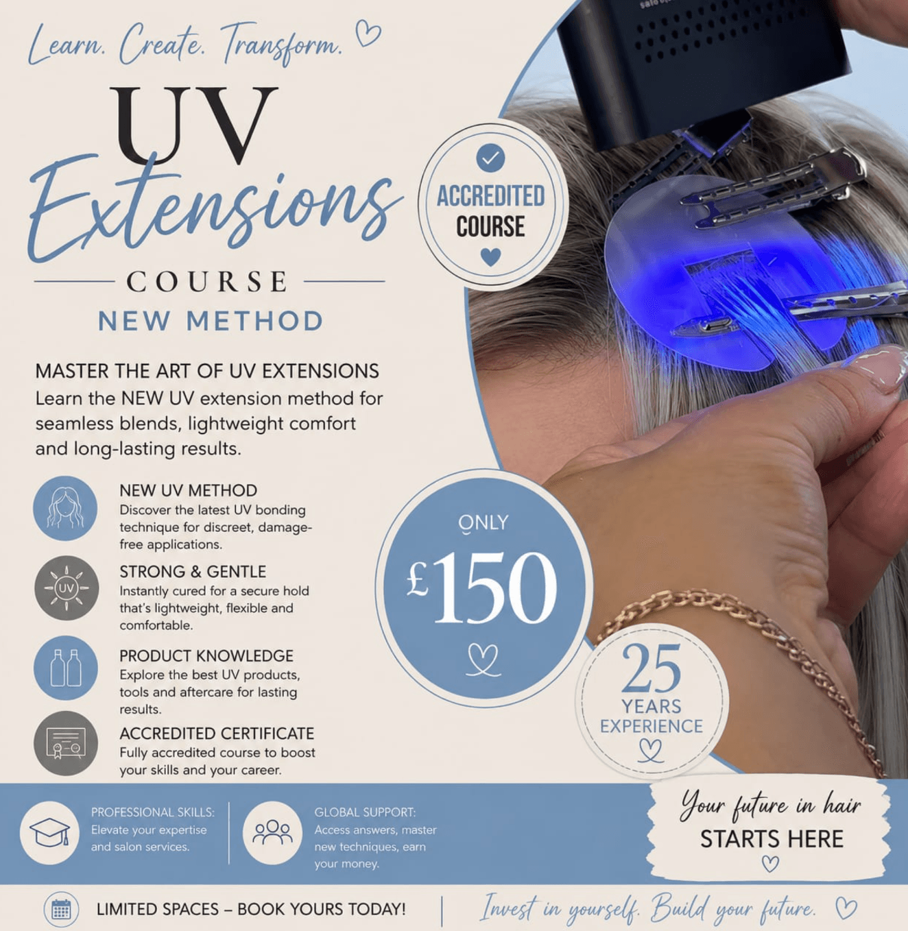 Sarah Louise Hairdressing UV Extensions Course artwork showing UV extension application.